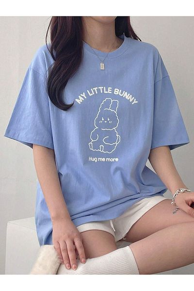 Sweetline Μπλουζάκι Little Bunny Look Single Jersey - Baby Blue Oversize Crew Neck κοντομάνικο T-shirt