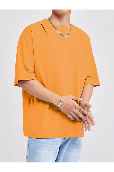 DUBU BUTİK Basic Single Jersey T-Shirt - Orange Oversize Crew Neck T-Shirt