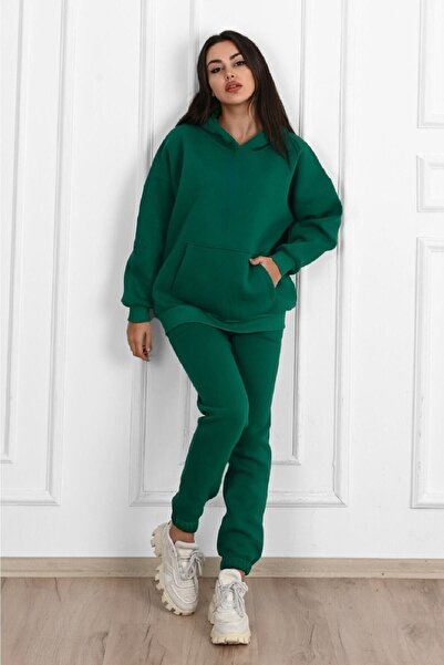 Sweetline Basic Απλό Σετ Φούτερ Jogger - Nefti Green Oversize Şardonlu Hooded