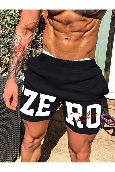 DUBU BUTİK Zero Combed Cotton Shorts - Black Printed Short Without Cord