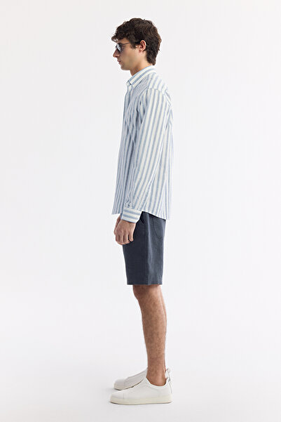 Avva Erkek Mavi Düğmeli Yaka Çizgili %100 Pamuk Comfort Fit Gömlek A51Y2167