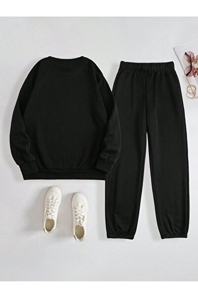 Mythologie New York Brooklyn Combination Bottom Top Tracksuit Set - Black Printed Oversize Rubber Leg Crew Neck