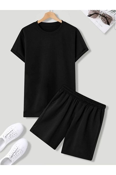 Mythologie Nasa T-shirt Shorts - Black T-Shirt with Shorts Top and Bottom Set Printed Oversize Crew Neck