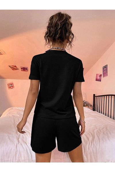 Mythologie Brooklyn 1898 N.Y T-shirt Shorts - Black T-Shirt with Shorts Top and Bottom Set Printed Oversize Crew Neck