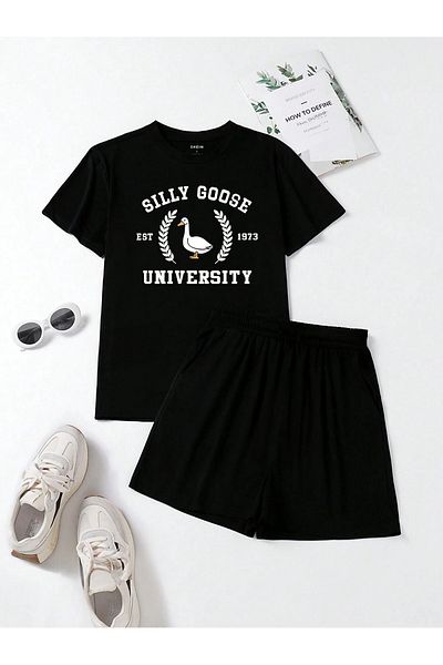 Mythologie Silly Goose University T-Shirt Shorts - Black Shorts T-Shirt Bottom Top Set Printed Crew Neck