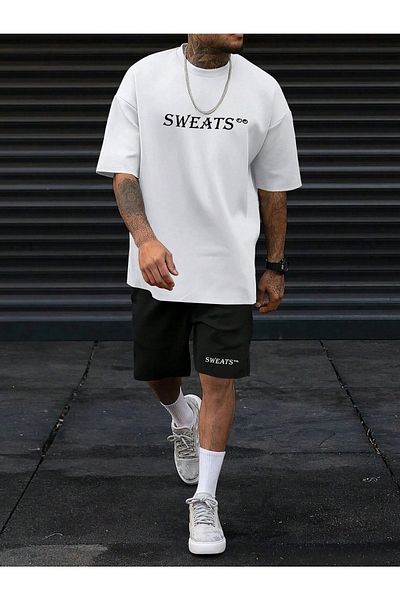 Mythologie Sweats Written T-shirt Shorts - White Black T-Shirt with Shorts Top and Bottom Set Printed Oversize Crew Neck