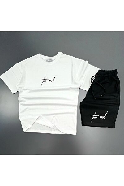 Trendglow The End White T-shirt Black Combed Cotton Shorts - Shorts T-Shirt Bottom Top Set Printed Oversize Crew Neck