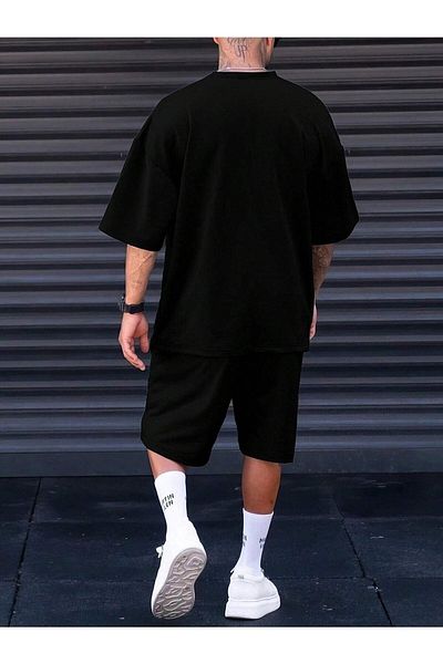 Mythologie Paris T-Shirt Shorts - Black T-Shirt with Shorts Top and Bottom Set Printed Oversize Crew Neck