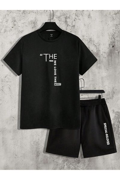 Mythologie The Person T-Shirt Combed Cotton Shorts - Black Bottom Top Set Printed Oversize Crew Neck