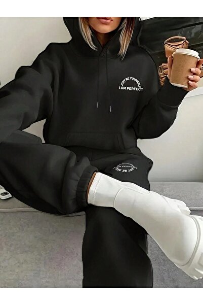 Mythologie I Am Perfect Sweatshirt Sweatpants Jogger - Black Printed Bottom Top Tracksuit Set Hooded