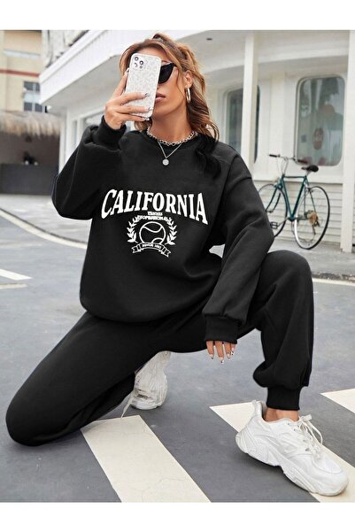 Mythologie Women's Black Tennis Printed Top and Bottom Tracksuit Set Oversize Crew Neck