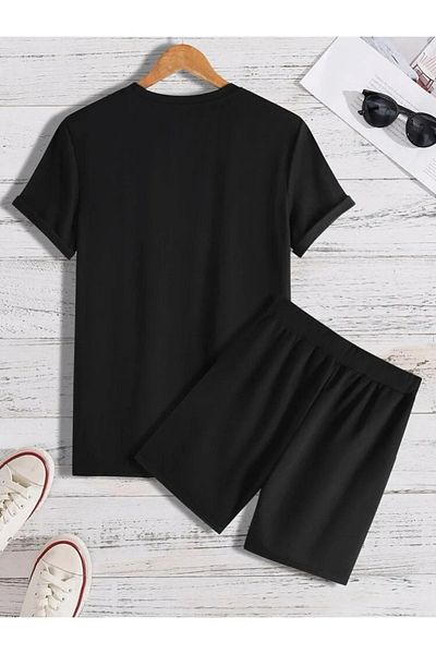 Mythologie Bird T-shirt Shorts - Black T-Shirt with Shorts Top and Bottom Set Printed Oversize Crew Neck