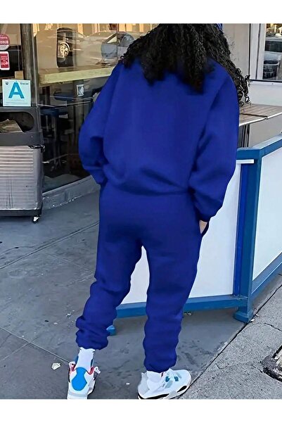 Cool Art Blessed Kalp Sweatshirt Eşofman Altı Jogger - Sax Mavi Baskılı Eşofman Takımı Bisiklet Yaka