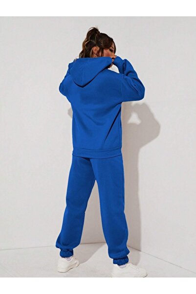 Cool Art Brooklyn NY Sweatshirt Eşofman Altı Jogger - Saks Mavi Baskılı Alt Üst Eşofman Takımı Kapüşonlu