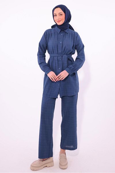 TRENDTESETTÜR Women's Navy Blue Belted Trousers Suit T2974