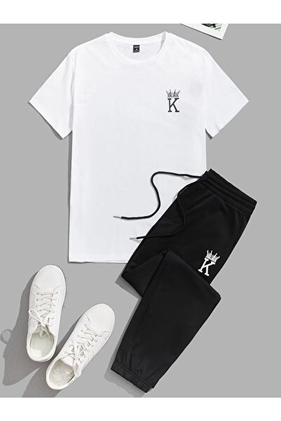 Mythologie K White T-shirt Black Sweatpants - Jogger T-Shirt Bottom Top Track...