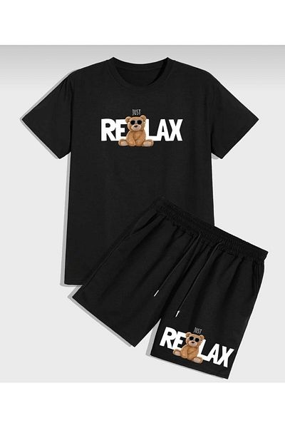 Mythologie Just Relax T-shirt Shorts - Black T-Shirt with Shorts Top and Bottom Set Printed Oversize Crew Neck