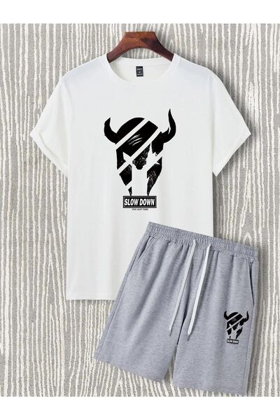Trendglow Slow Down White T-shirt Gray Shorts - T-Shirt with Shorts Top and Bottom Set Printed Oversize Crew Neck