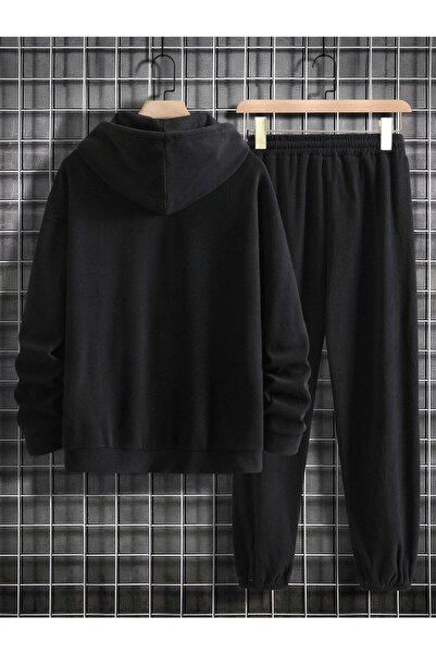 Mythologie Men's Black New York Written Bottom Top Tracksuit Set Oversize Hooded