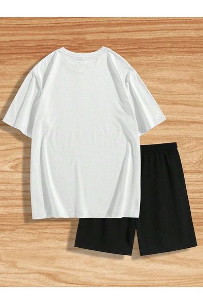 Mythologie Sweats Written T-shirt Shorts - White Black T-Shirt with Shorts Top and Bottom Set Printed Oversize Crew Neck
