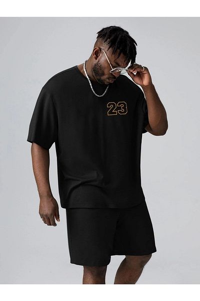 Mythologie Size 23 T-shirt Shorts - Black Shorts T-Shirt Bottom Top Set Printed Oversize Crew Neck