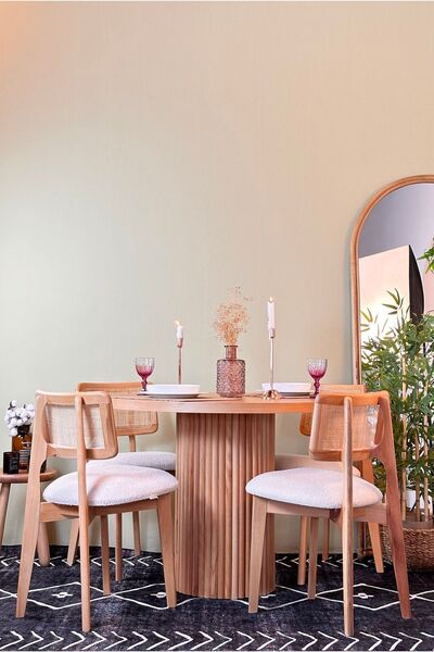 Woodenbend Mirla Ahşap Yuvarlak Natural Rattan Sandalyeli Masa Sandalye Takımı