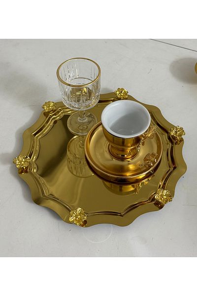 Elzemm store Gold Color Round Wave Japanese Flower Sun Service Tray 6 Pieces