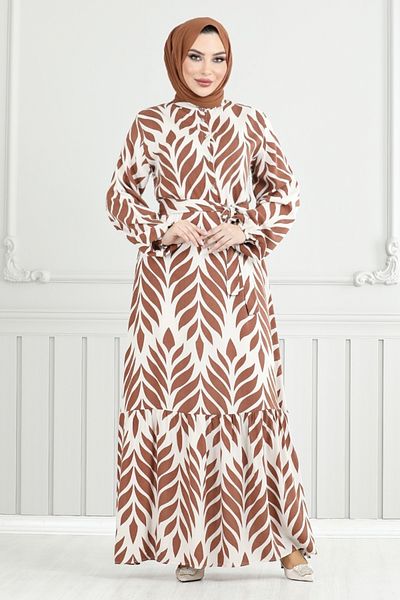 ModaMerve Φόρεμα Hijab με μοτίβο φύλλων 827OZR1047-M Tan