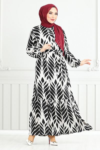 ModaMerve Φόρεμα Hijab με σχέδιο φύλλων 827OZR1047-M Μαύρο
