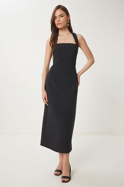 Lovelyİstanbul Rochie țesută Midi cu bretele groase Negru Lfk0005
