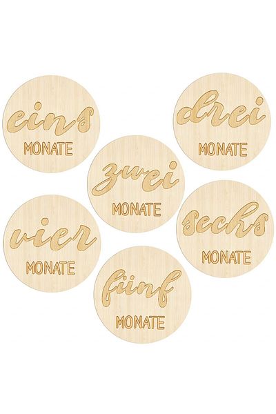 Karll Set of 6 monthly baby cards, wood, natural, 10 cm