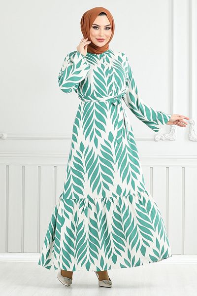 ModaMerve Φόρεμα Hijab με μοτίβο φύλλων 827OZR1047-M Mint