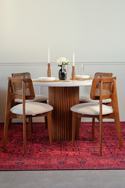 Woodenbend Mirla Yuvarlak Masa Takımı 100 cm Ceviz Renk Beyaz Üst Tabla 4 San...