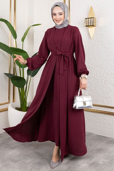 ModaMerve Σετ φόρεμα Abaya με ζώνη 0336BGS895-M Claret Red