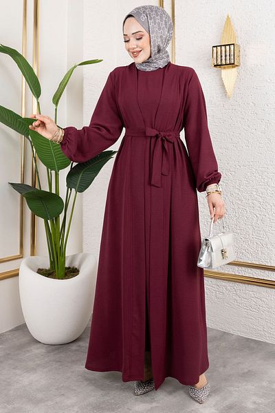 ModaMerve Σετ φόρεμα Abaya με ζώνη 0336BGS895-M Claret Red