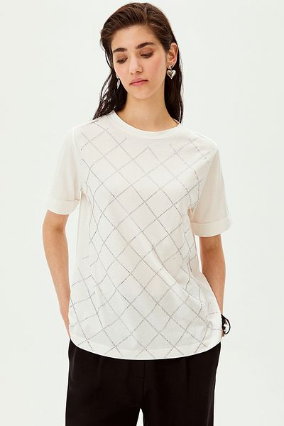 Allyco Stoned Diamond Patterned Crew Neck Cotton Comfortable Fit Knitted T-Shirt