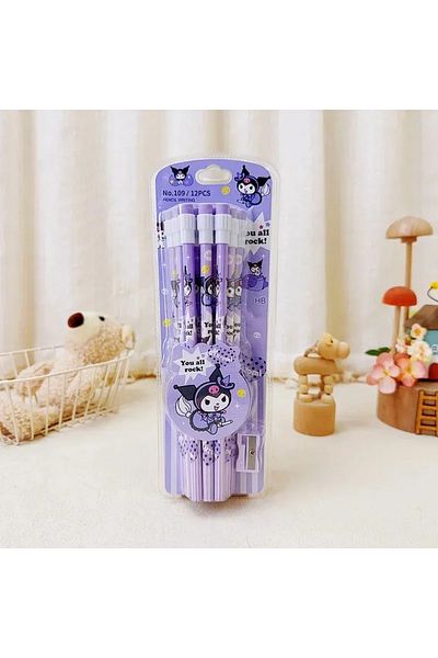 Choice A-kuromi Set 12pcs Cinnamoroll Kuromi Cute Cartoon Hb Pencils, 12 Pencils & 1 Pencil Roller Station