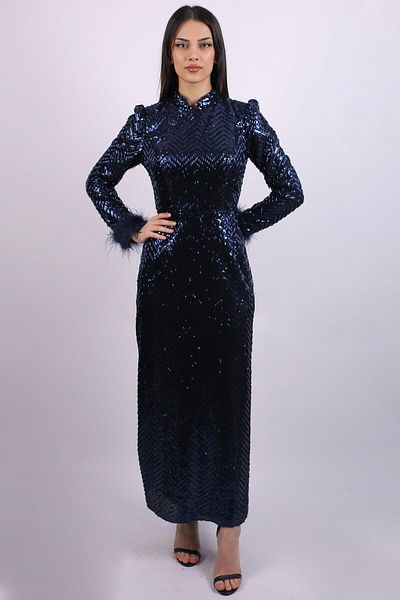 SpringStore Navy Blue Sleeves Otrishi Sequin Sequin Hijab Evening Dress