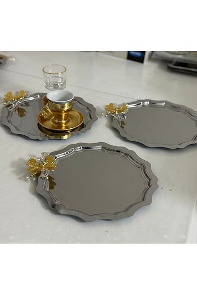 SEVA ÇELİK Stainless Steel Round Wave Presentation Tray with 6 Butterfly Accessories Services