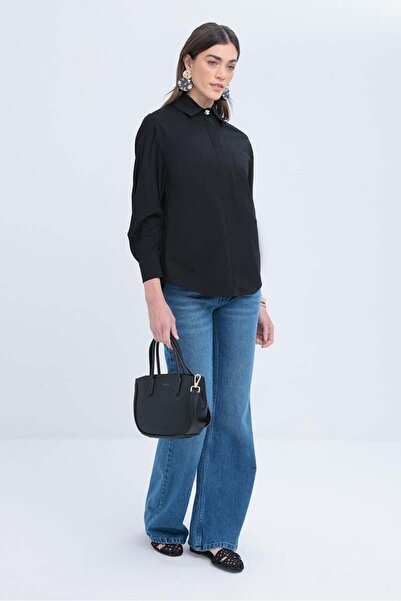 ALLDAY Black-Sleeve Gathered Poplin Shirt