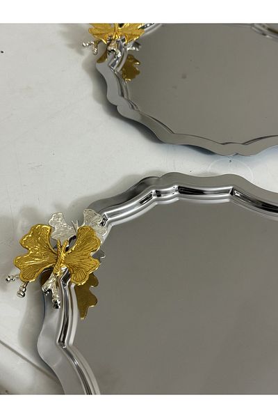 SEVA ÇELİK Stainless Steel Round Wave Presentation Tray with 6 Butterfly Accessories Services