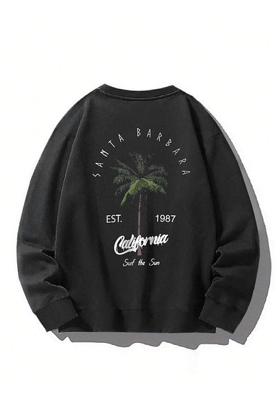 DUBU BUTİK Hanorac gros de iarnă Santa Barbara - Negru Imprimat Oversize Gros Iarnă Crew Gât