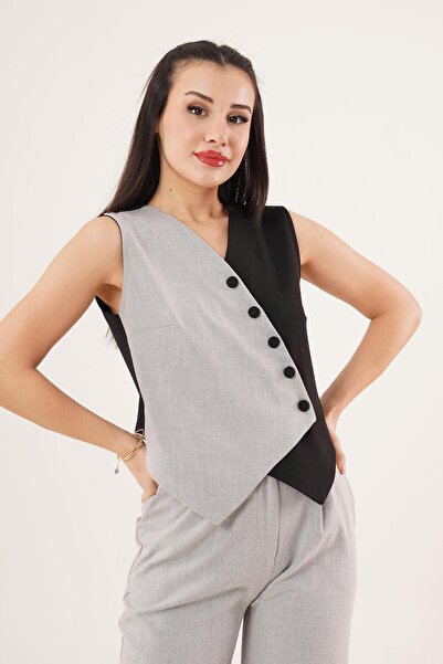 Hipo Trend Cross Patterned Buttoned Black Vest