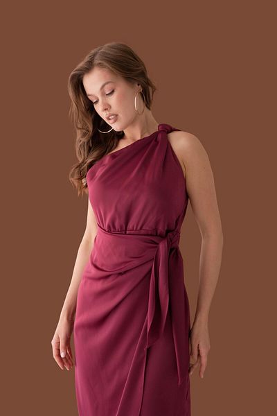 lovebox Belted Satin Women's Evening Dress with Knot Detail on the Shoulder 003