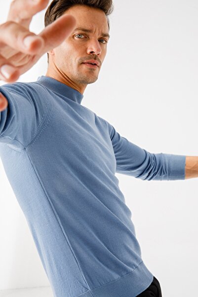 Desen Triko Ανδρικό Basic Half Fisherman Λεπτό Πλεκτό Πουλόβερ H.blue