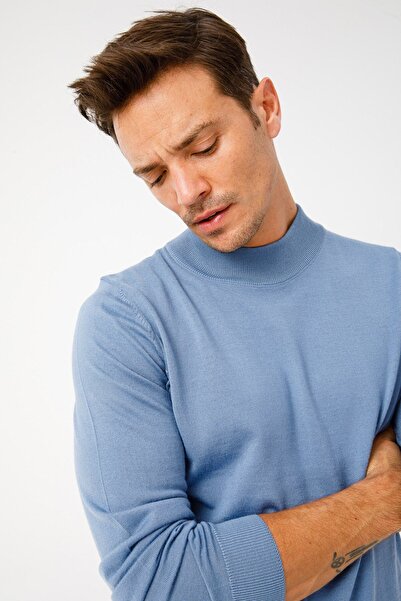 Desen Triko Ανδρικό Basic Half Fisherman Λεπτό Πλεκτό Πουλόβερ H.blue