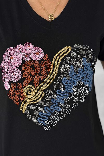 FEMELLE Tricou negru pentru femei, cu decolteu în V, cu paiete, brodat, brodat, 100% bumbac