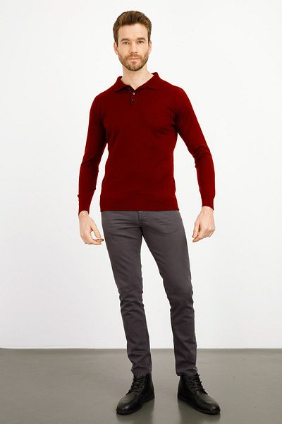 Desen Triko Ανδρικό Basic Polo γιακά Λεπτό Πλεκτό Πουλόβερ Claret Red