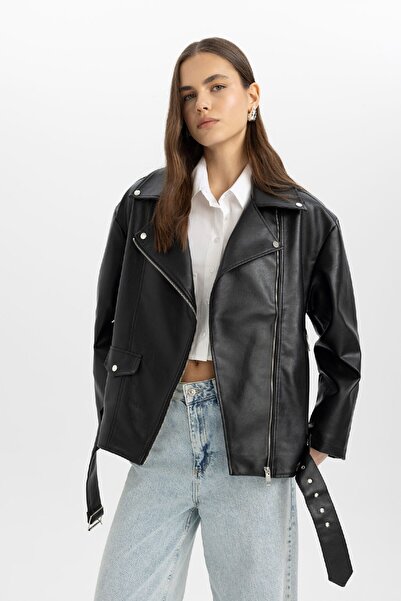 DeFacto Vodoodpudivý oversize široký střih Dvouřadý límec Kapsa na zip s páskem Sezónní bunda z umělé kůže Kabáty B1