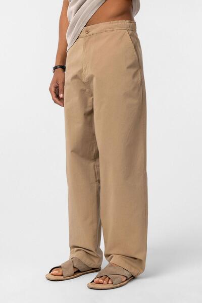 VAMOSCLO Yıkamalı Gabardin Baggy Pantolon Taba